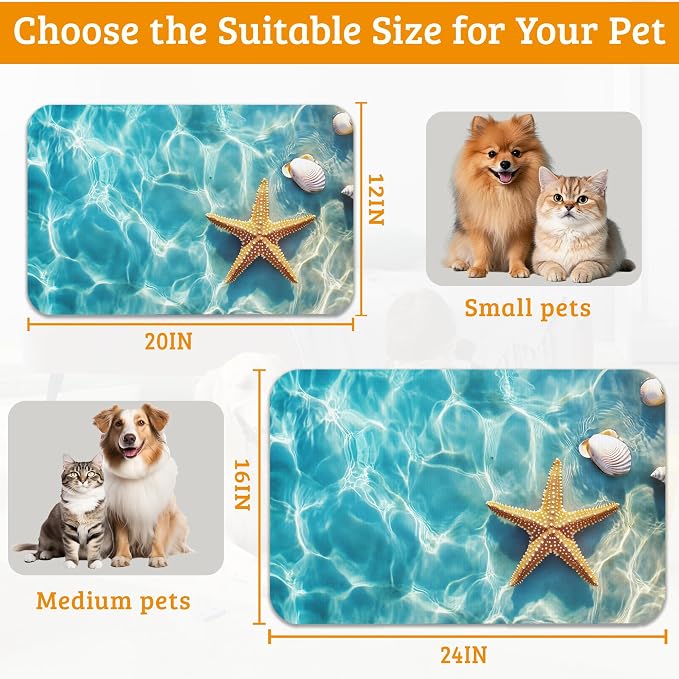 Starfish Shells Dog Cat Food Mat, Sea Beach Absorbent Waterproof Placemat - Image 6