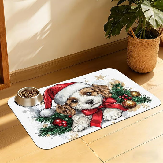 Christmas Dog and Cat Food Mat, Absorbent Feeding Placemat, Waterproof Non-Slip by QSOQSO
