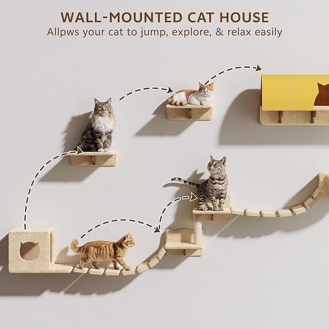 20-in-1 Cat Wall Shelves, Wall Mounted Pet Furniture w/Plush Fabric, Cat - Image 4