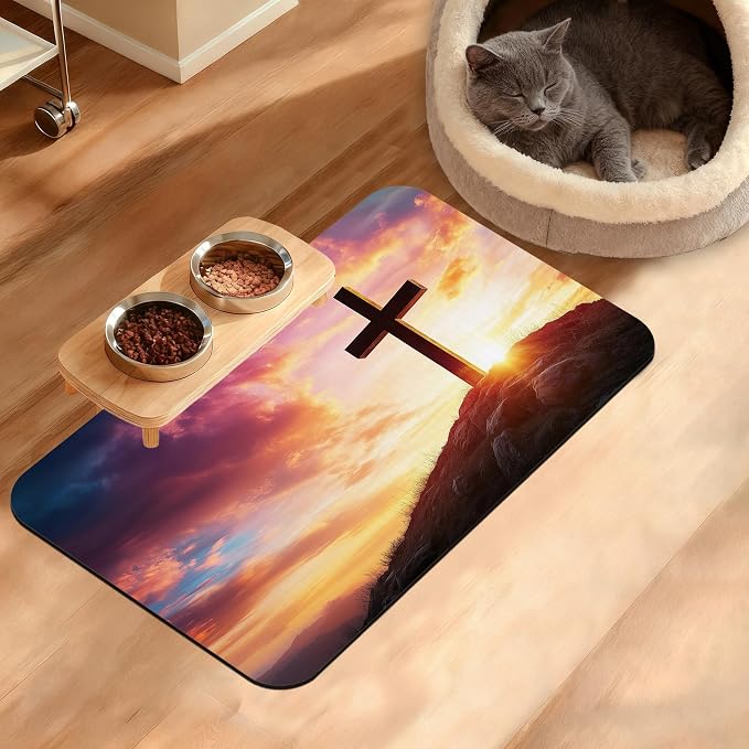 Pet Feeding Mat, Cross Absorbent Dog Cat Food Mat Sunset Dog Mat by Unknown