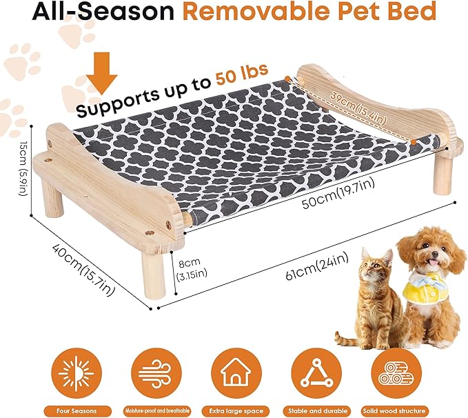 Elevated Wooden Cat Bed – 24"x15.7"x5.9" Breathable Hammock Pet Bed - Image 2