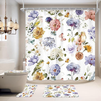 4 PCS Purple Floral Birds Bathroom Set by Ufeela