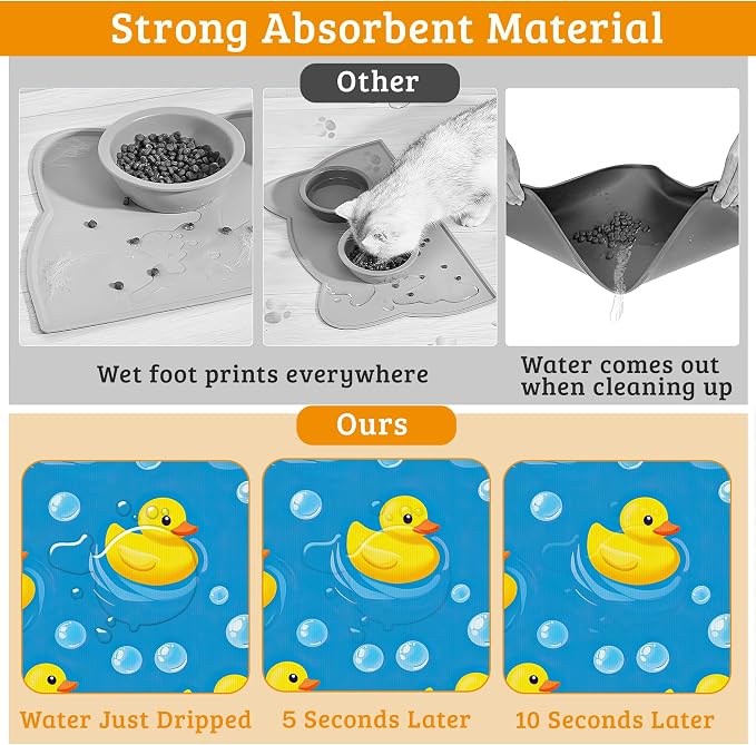 Yellow Rubber Ducks Dog Food Mat, Soap Bubbles Absorbent Pet Feeding Mat - Image 3