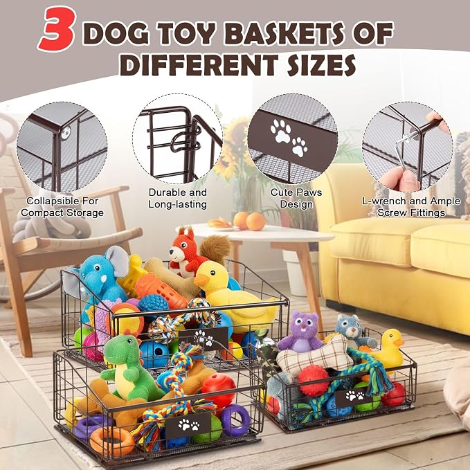Mimorou 3 Pack Metal Dog Toy Baskets Multi-sized Foldable Dog Toy Bins Box - Image 3