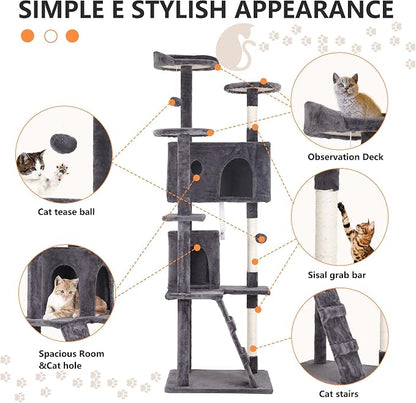 BestPet | 70" Cat Tree Tower | Light Gray | Sturdy, Hanging Cat Toys, - Image 6