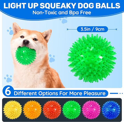 6 Pack 3.5" Light Up Squeaky Dog Toy Balls, Spiky Dog Balls - Image 2