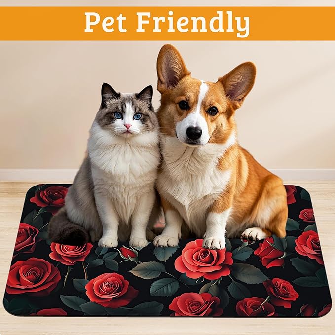 Retro Rose Feeding Mat, Non-Slip Rubber Backing Mat, Cat Dog Accessories - Image 2