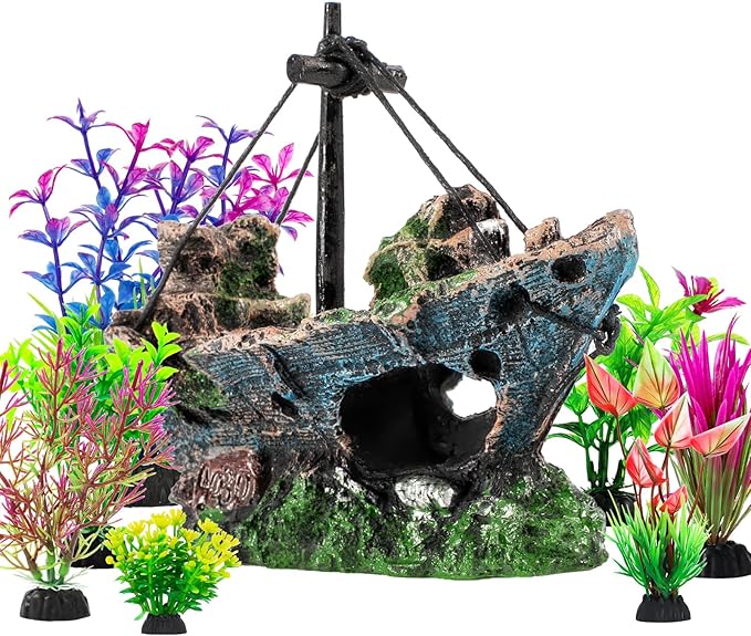 8Pcs Fish Tank Decorations Set Sunken Ship Decoration, Resin Material Fish Tank by Xereooe