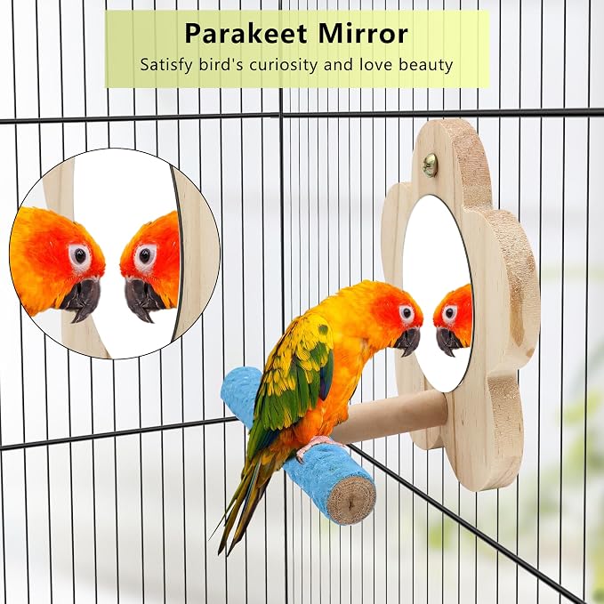 Small Bird Mirror Parrot Swing, Wooden Parakeet Perches Flower Interactive Play - Image 2