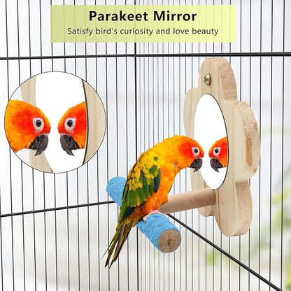 2Pcs Small Bird Mirror Parrot Swing, Wooden Parakeet Perches Flower Interactive - Image 4