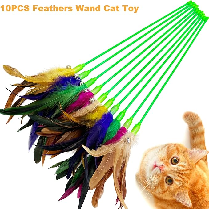 Interactive Cat Wand Feather Toys, 10 Pieces Feathers Stick Cat Toys - Image 3