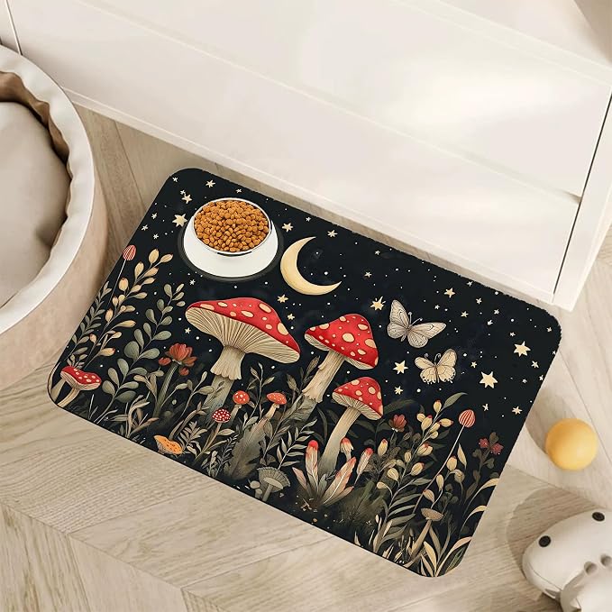 Red Mushrooms Pet Feeding Mat, Wildflower Plant Butterfly Absorbent Quick-Dry by Unknown