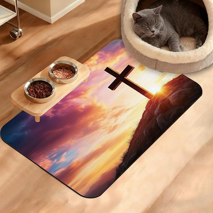 Pet Feeding Mat, Cross Absorbent Dog Cat Food Mat Sunset Dog Mat by Unknown