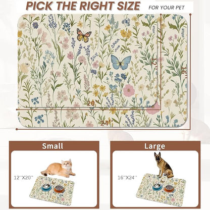 Wildflowers Dog Cat Food Mat, Vintage Botanical Garden Plants Herb Butterfly - Image 2
