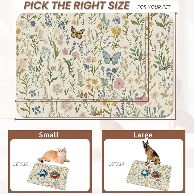 Wildflowers Dog Cat Food Mat, Vintage Botanical Garden Plants Herb Butterfly - Image 2