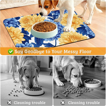 Blue Yellow Flowers Dog Food Mat, Absorbent Pet Feeding Mat - Image 4
