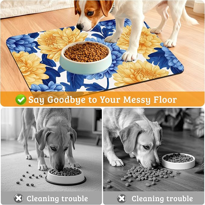 Blue Yellow Flowers Dog Food Mat, Absorbent Pet Feeding Mat - Image 4