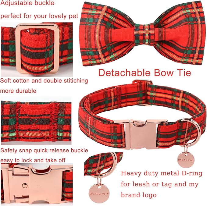 Christmas Dog Collar with Bow Tie, Cotton Christmas Plaid Collar - Image 3