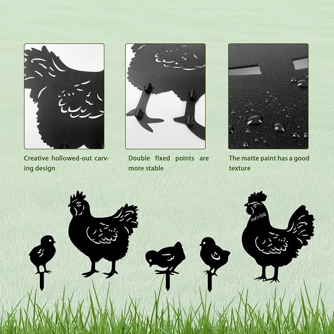 5 Pack Chicken Metal Garden Decorative Stakes, Weather Proof Silhouette Statues - Image 5