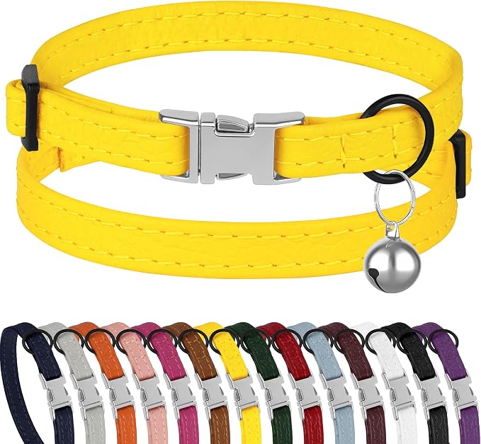 Leather Cat Collar with Buckle and Removable Bell by BUDKAS