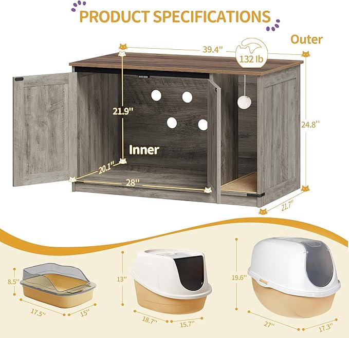 Cat Litter Box Enclosure, Hidden Litter Box Cabinet Furniture - Image 4