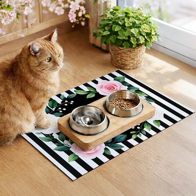 Pet Feeding Mat 24" x 16" Floral Stripe Welcome Design Non Slip Dog Food Mat - Image 4