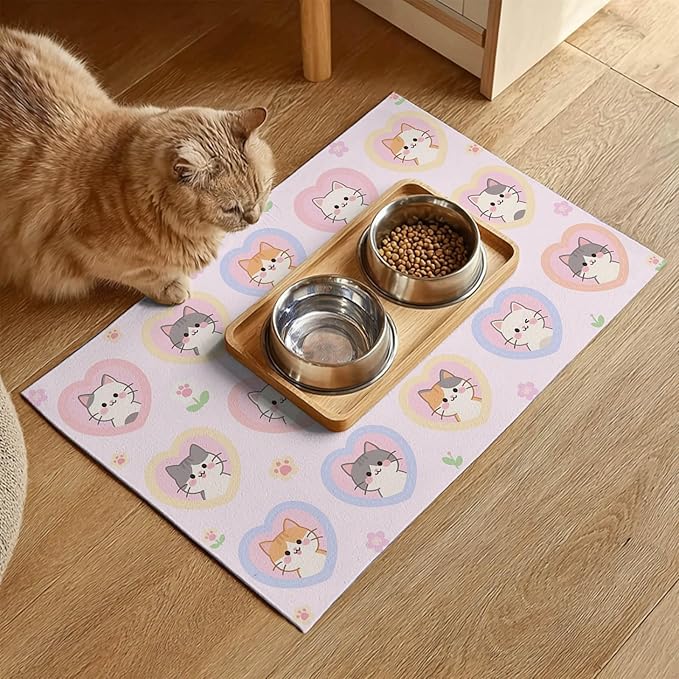 Cat Feedings Mats 20x12 inch Pink Heart Kitten Print Pet Bowl Placemat Non Slip - Image 2