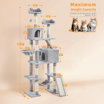 Yaheetech Cat Tree, 82.5in Large Tower w/Hammock, 2 Kitty-Ear Perches, 2 Cozy - Image 3