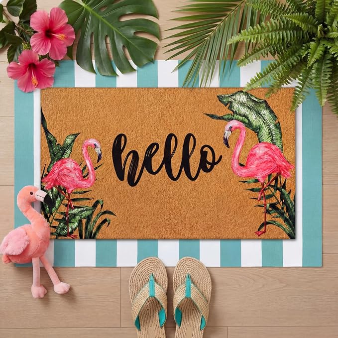 Tinideya 2 Pcs Summer Door Mat Flamingo Welcome Non Slip Coir Hello Mats Floor - Image 7