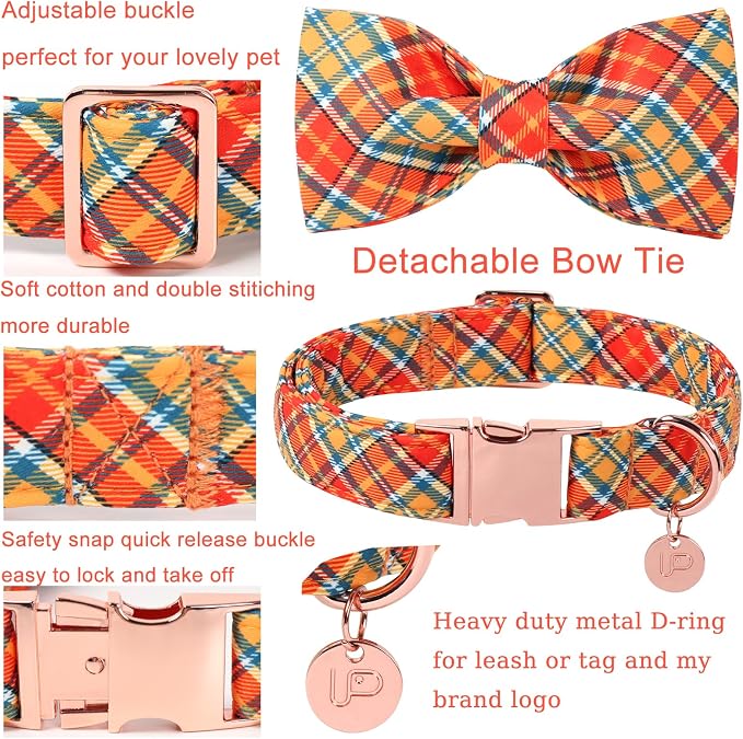 Autumn Plaid Dog Collar and Bow Tie Set – Orange Yellow Checkered Adjustable - Image 3