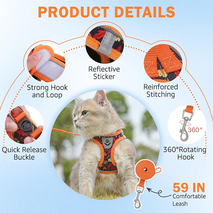 SCENEREAL Fall Thanksgiving Cat Harness and Leash Set Escape Proof, Soft Mesh - Image 3