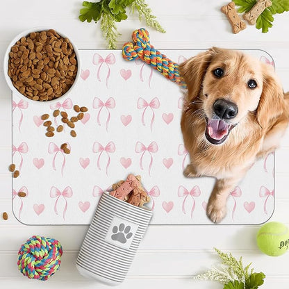 Cute Pink Bow Dog Food Mat for Floors, Heart Absorbent Pet Food and Water Bowl - Image 7
