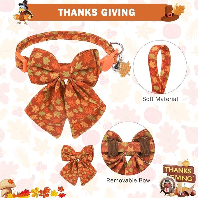 SCENEREAL Fall Cat Collar with Bell & Stylish Bowtie, Turkey Maple Leaf Pattern - Image 3