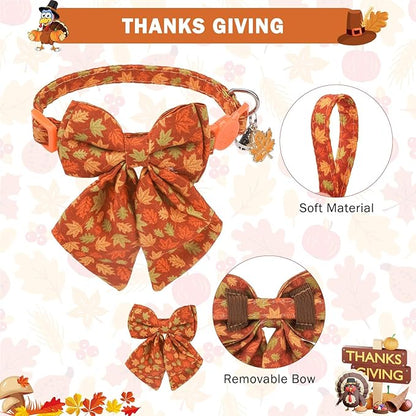 SCENEREAL Fall Cat Collar with Bell & Stylish Bowtie, Turkey Maple Leaf Pattern - Image 3