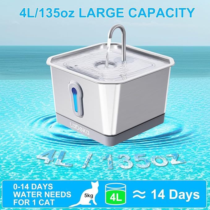 Stainless Steel Cat Water Fountain 135oz/4L:Battery Operated Wireless Cat - Image 6