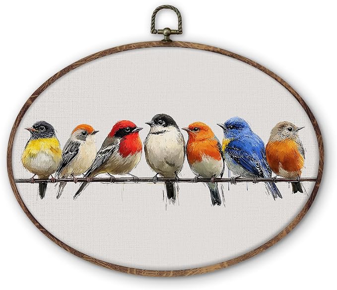 DILSJ Bird Oval Wall Art Decor, Rustic Nature Colorful Sparrow Birds Canvas by DILSJ