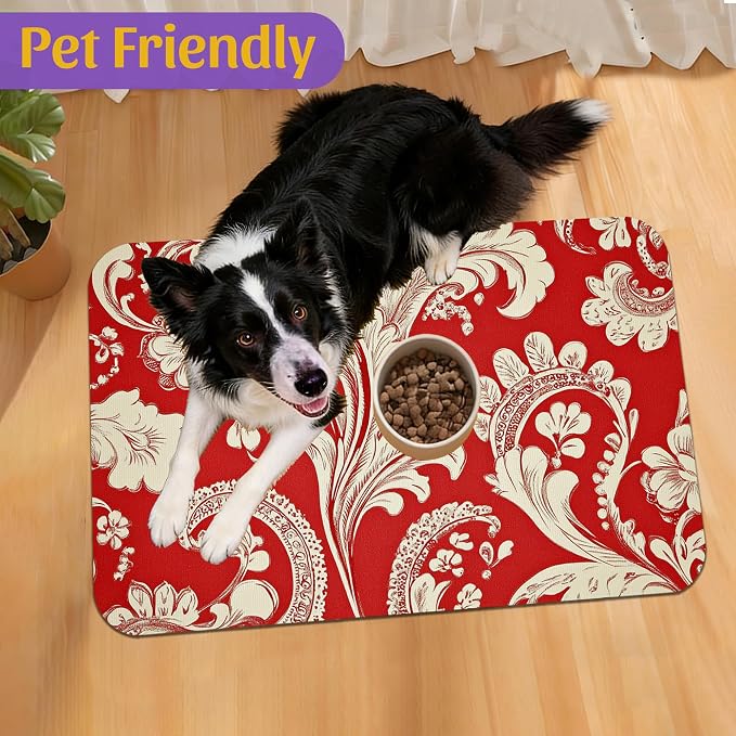 Red White Paisley Pet Food Mat, Absorbent Feeding Pad - Image 7