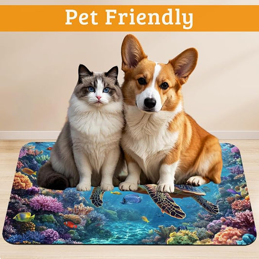 Sea Turtle Dog Cat Food Mat, Colorful Coral Absorbent Waterproof Placemat - Image 2