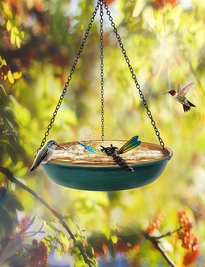 Hanging Birdbath Bird Feeder for Outdoor 11 Inch Green/Bronze Cute Metal Bird - Image 3