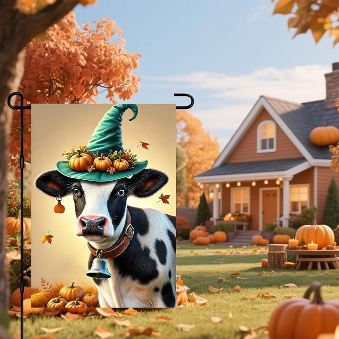 Happy Fall Garden Flag Halloween Flag Cute Cow Calf 12x18 Inch Witch Hat - Image 2