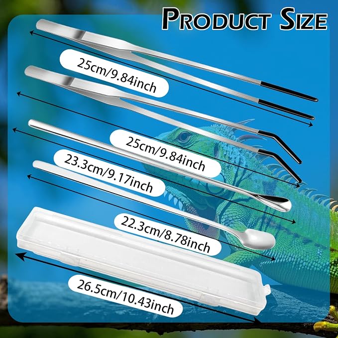 4-Piece Stainless Steel Reptile Feeding Tongs & Spoons Set – Curved/Straight - Image 2
