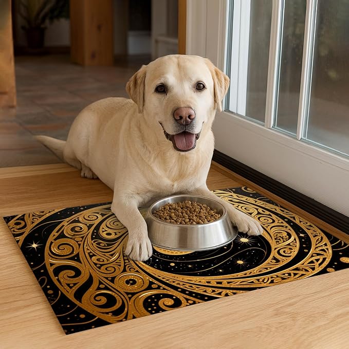Cat Feeding Mat 24x16 inch Gold Black Artistic Cat Print Pet Bowl Placemat Non - Image 4