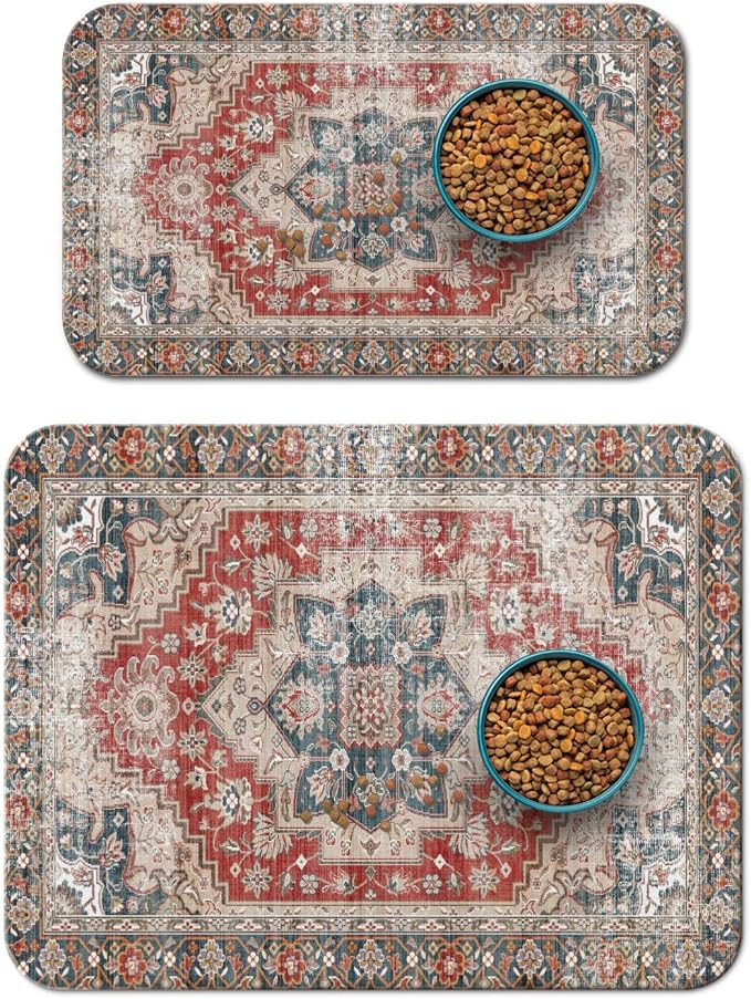 2 Pack Dog Food Mats for Floors, Absorbent and Quick-Drying Pet Cat Food Mat by QXWREL