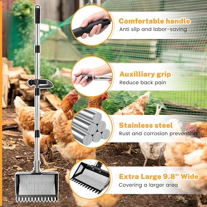 9.8×9.1in Chicken Poop Scooper, Chicken Coop Rake, Adjustable Length/Angle Coop - Image 2