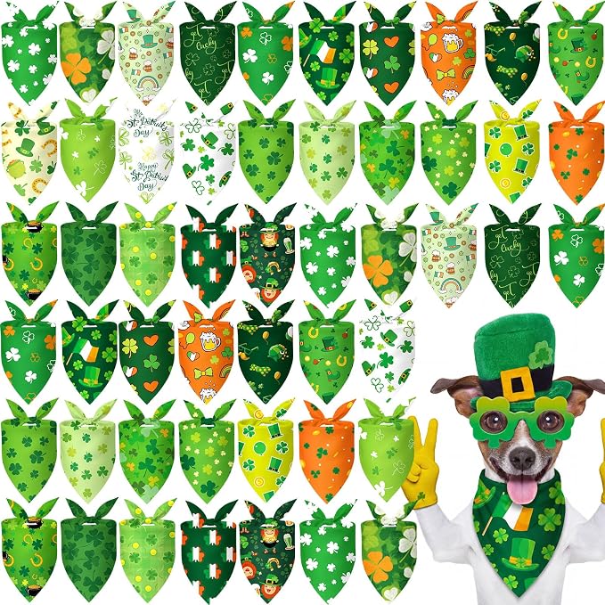 Abbylike 50 Pcs St Patrick's Day Dog Bandanas Bulk Green Shamrocks Bandanas by Abbylike
