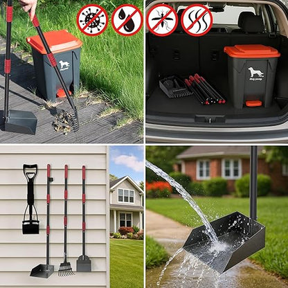 Dog Pooper Scooper, Long Handle Tray & Rake, 60 Waste Bags, Dog Waste Large Bin - Image 7