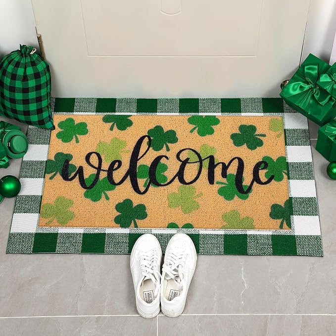 Tinideya 2 Pcs St. Patrick Day Door Mat Welcome Non Slip Coir Mats Clover - Image 5