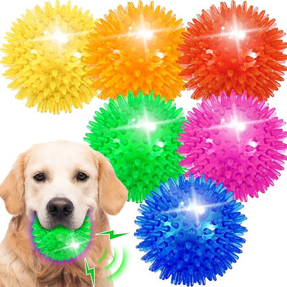 6 Pack 3.5" Light Up Squeaky Dog Toy Balls, Spiky Dog Balls by OUSIYA