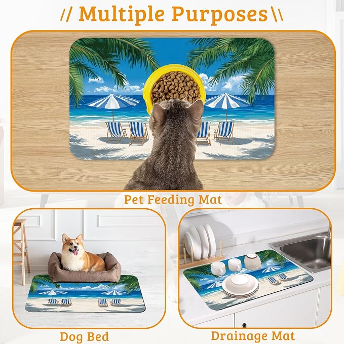 Pet Feeding Mat, Sea Beach Absorbent Dog Cat Food Mat Palm Tree Dog Mat - Image 7