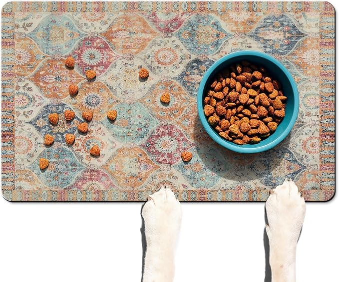 Moroccan Trellis Dog Food & Water Mat, Mexican Talavera Boho Colorful Pet - Image 2